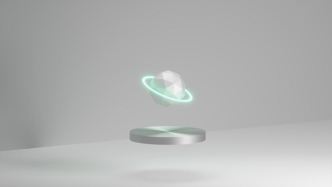 3D render of a minimalistic planet floating in air on a silver podium, with a white background and a green neon light ring around the object, in the style of low poly.