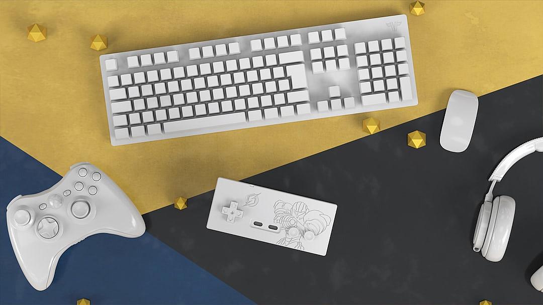 3D product rendering, a white gaming keyboard and mouse on the left side of the screen, a yellow background with black and gold geometric patterns, a white gamepad in the bottom middle position, grey earphones in the right corner, gold pentagon decorations scattered around, bright light from the top to the center of the frame, minimalist style, 2048x576px, high resolution.