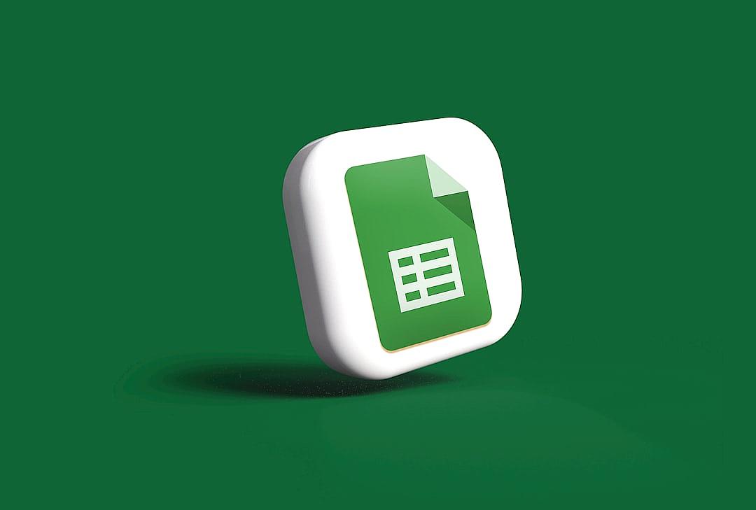 A white icon with green color on the front of an office document in google sheets, floating on a flat dark emerald background, rendered in the style of 3d render with no shadow and a simple minimalistic design for a professional look. The icon was photographed professionally with high quality lighting, camera lens and resolution for a hyper realistic style.