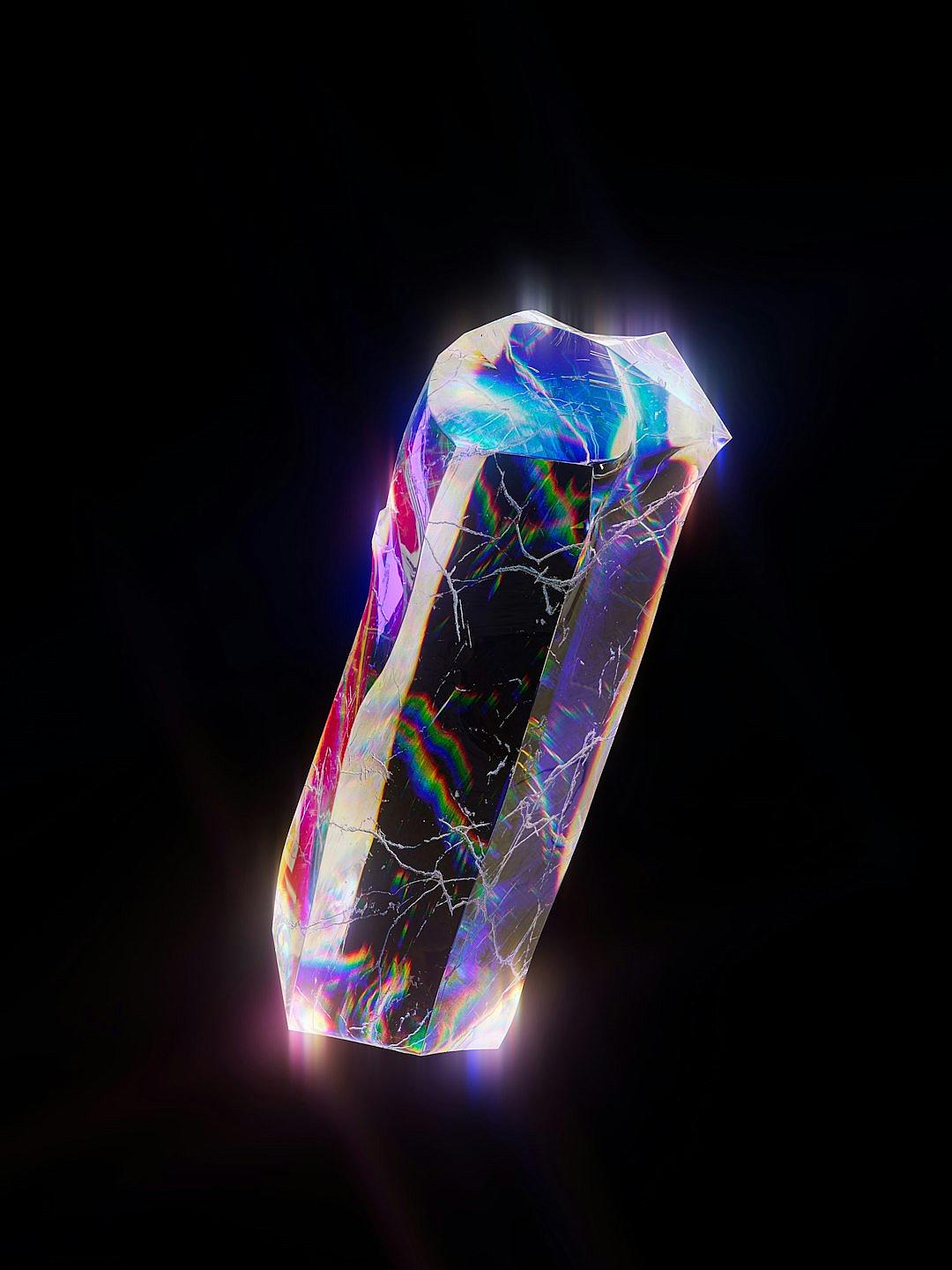 A single iridescent crystal floating in the air, illuminated by vibrant rainbow light effects on a black background. The gem is detailed with intricate veins and patterns, showcasing its unique beauty. It radiates an otherworldly glow that adds depth to the scene. In the photorealistic style with a focus on capturing the sparkling effect of each colored light.