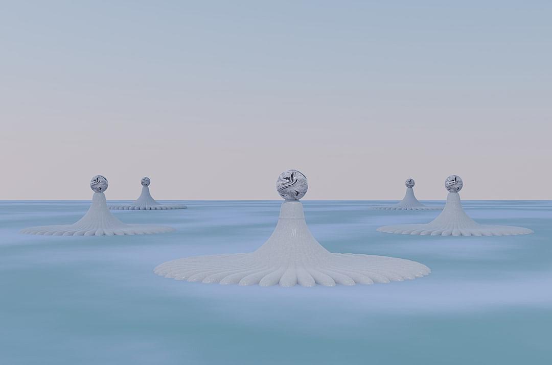 3D render of abstract white figures rising from the ocean, surrounded by four other similar shapes floating in the water. The scene is set against an open sky with no clouds, creating a serene and tranquil atmosphere. Each figure has three heads on top of its body, all of which resemble small spheres that have been carved out to form eyes or mouthes, giving them an ethereal appearance. They appear as if they could float away at any moment, adding a sense of wonderment and magic to their presence.