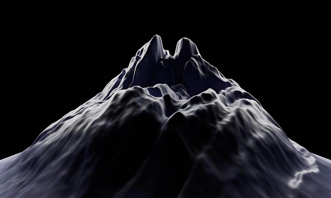 3D rendering of a mountain peak against a black background in a low angle shot, rendered in Octane in a dark and moody monochromatic style with white lighting such as studio lights, rim lighting, and global illumination to achieve a hyper realistic look. The high resolution render shows extreme detail and high contrast for a high quality final image.