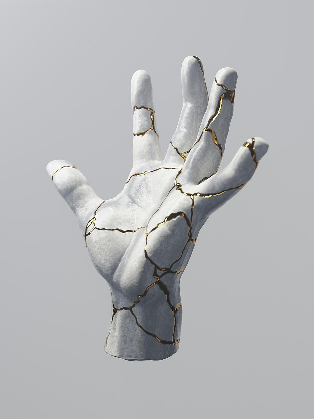 3d white hand sculpture with gold cracks, plain grey background, blender style