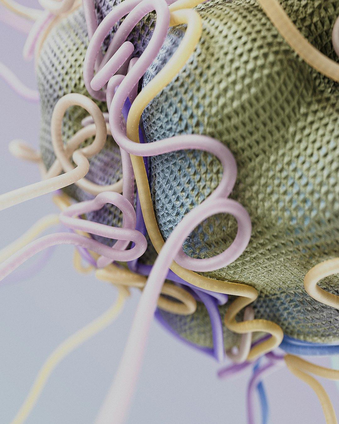 A closeup of the laces on an Yeezyite shoe, showcasing pastelcolored lace ribbons that twist and twirl around their metallic contours. The shoes’ fabric is woven with delicate purple hues, blending seamlessly into soft blue tones. This composition captures intricate details in high resolution, emphasizing the texture and depth of the material against a clean white background.