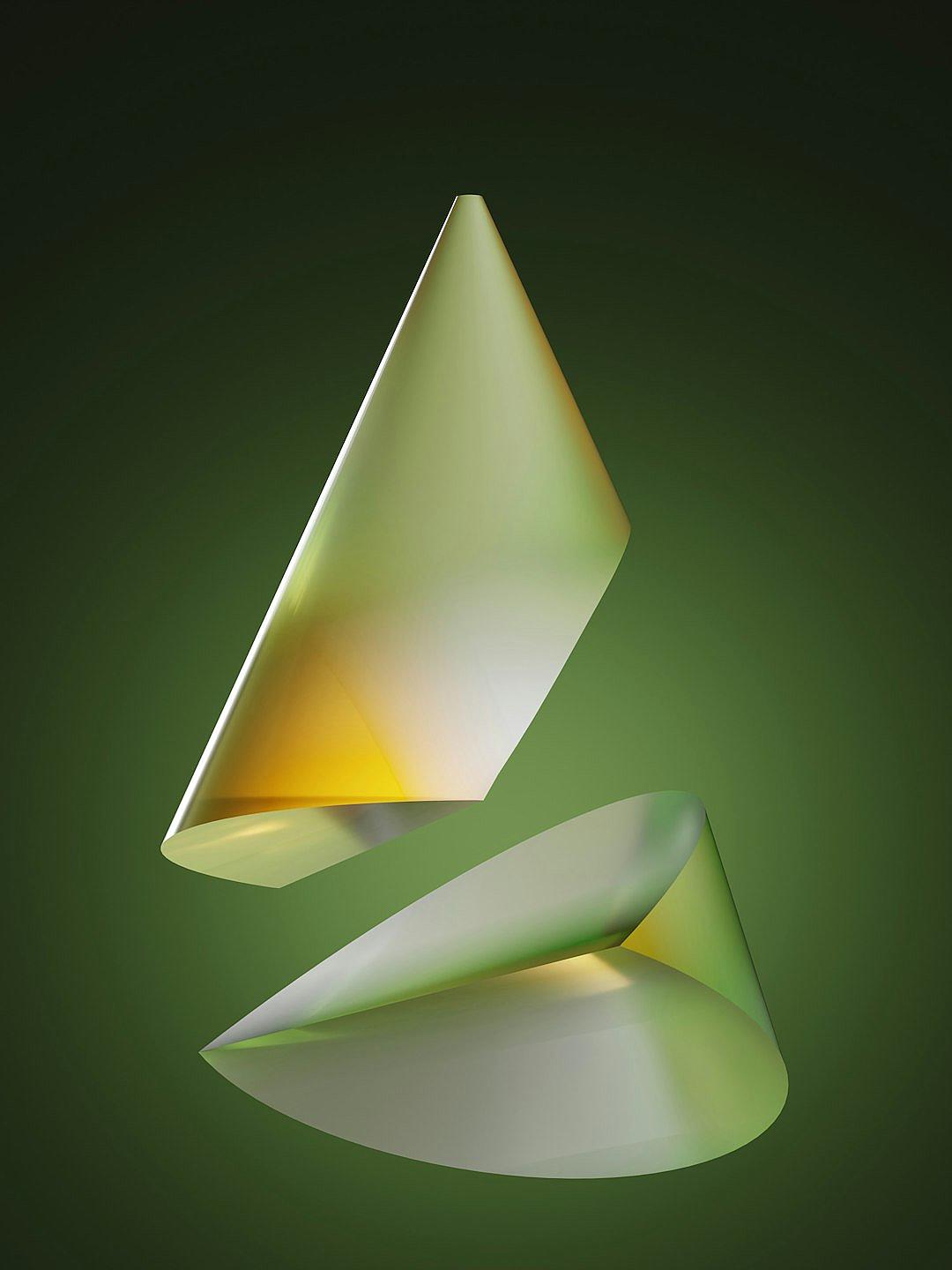 3D render of two abstract shapes, one triangular and the other conical in yellowgreen gradient against a dark green background, creating an illusion that these objects float or levitate, giving them a sense of weightlessness. The lighting is soft with reflections on their surfaces to highlight textures and details. This composition adds depth and dimension while focusing attention on the unique shape of each object.