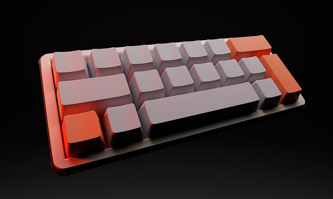 3d render of mechanical keyboard, white and orange colors, matte plastic material, black background, 45 degree angle