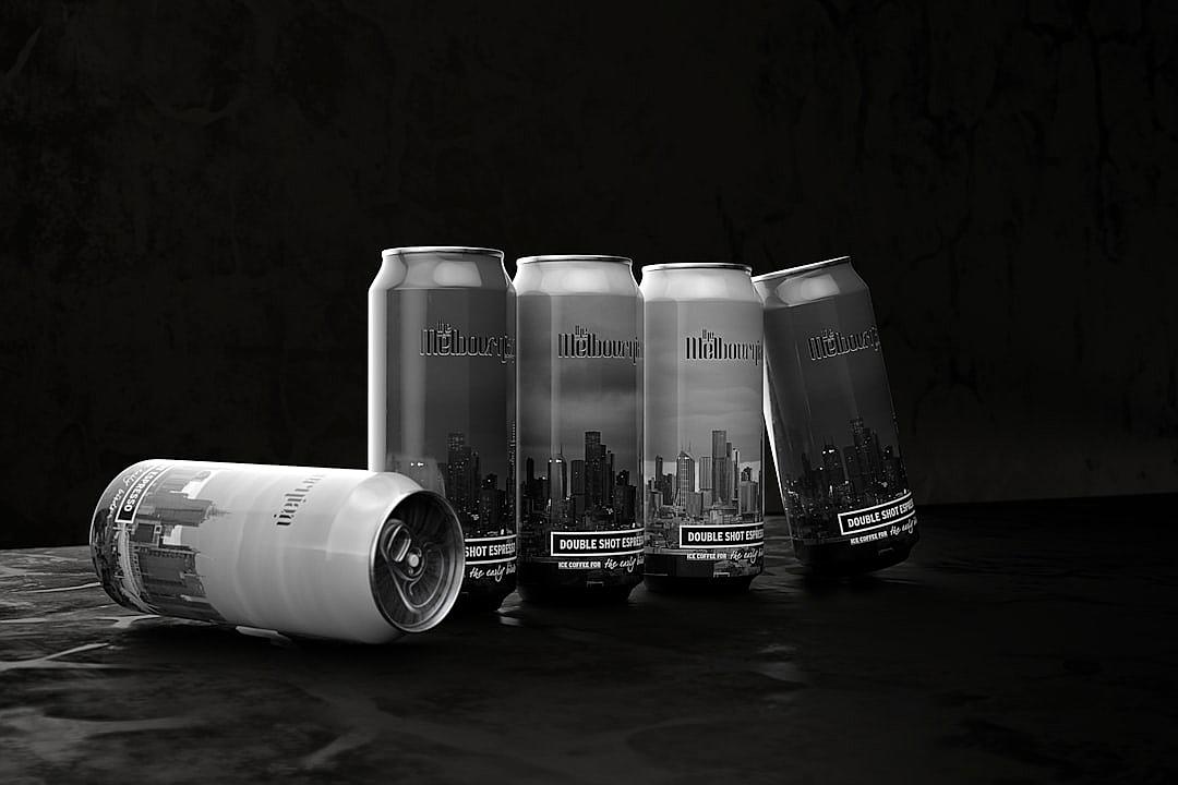 product photography of “Double Ritchie’s” beer cans with the city skyline gathered to form an outline of sci-fi fiction. A minimalistic, monochromatic black and white product shot with a dark background and urban aesthetic. The sleek can design features a cityscape print on the side. A high resolution, high contrast, hyper realistic professional photograph taken with a wide angle lens and cinematic lighting including volumetric lighting. The image was rendered with octane render and ray tracing to achieve HDR effects in the style of sci-fi and urban photography.