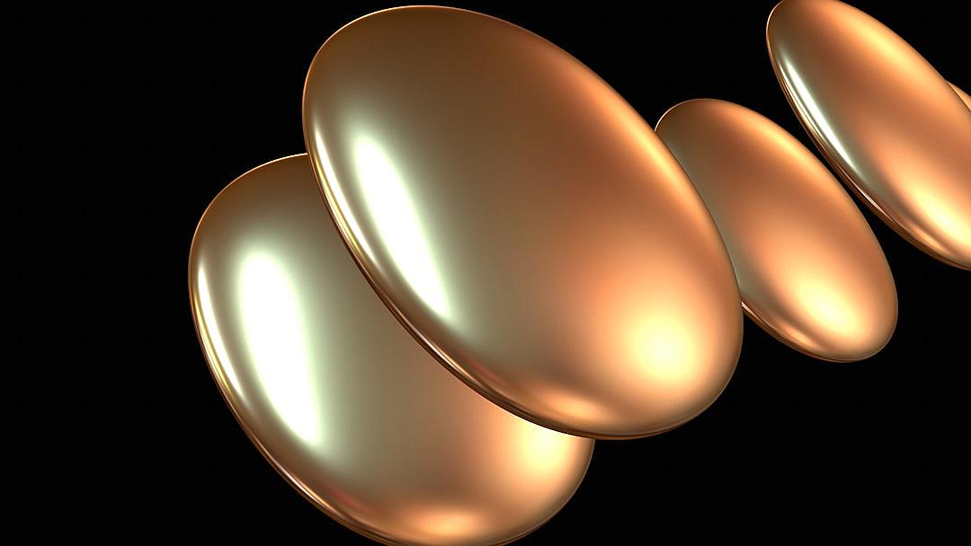 Golden eggs, 3d rendering of metallic texture, black background, cartoon style, rendered in cinema4D and Octane, simple design, high resolution, smooth curves, soft lighting, closeup view.