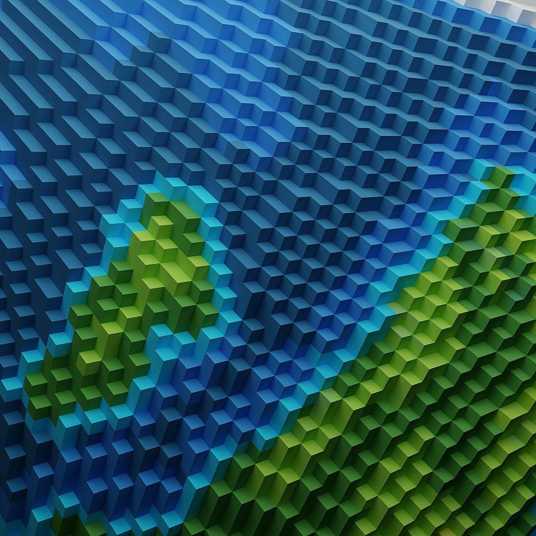 A closeup of the Earth’s surface made from cubes, each cube in shades of blue and green representing different air flow patterns across continents. The background is a gradient of light to dark blues with hints of greens. In front of it stands an abstract representation of wind currents, with visual elements resembling waves or splashes. This design symbolizes environmental data visualization by presenting globe modeling as part of global climate change research.