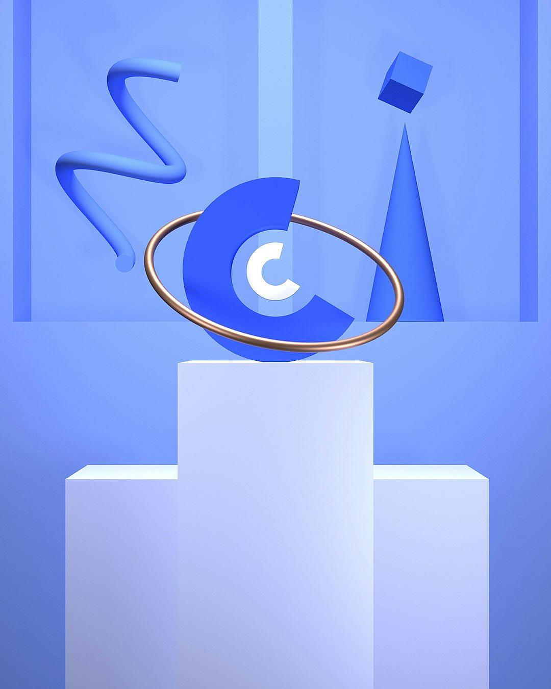 A blue and white podium with the letter “C” floating above it, featuring an elegant metal ring in front of a geometric background. The design includes simple shapes and lines to create a modern aesthetic. A soft shadow is cast on one side in the style of the C shape, adding depth to the composition. This minimalistic scene combines simplicity with visual interest for eye-catching appeal.