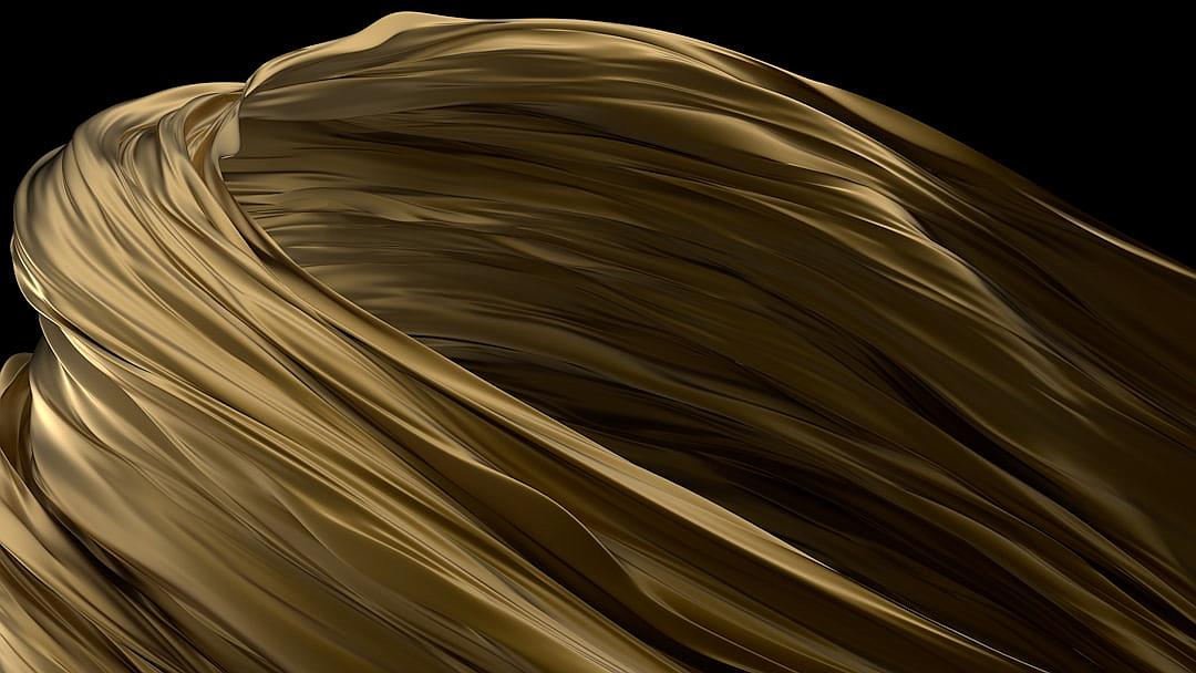 A close up of an abstract gold wave, rendered in the style of cinema4d, flowing fabric rendered in the style of unreal engine, flowing hair