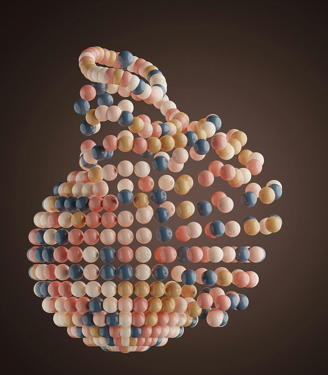 A sculpture made of thousands tiny pastel colored spheres, forming the shape of an arm with hand making a cupping gesture, dark brown background, hyper realistic photography