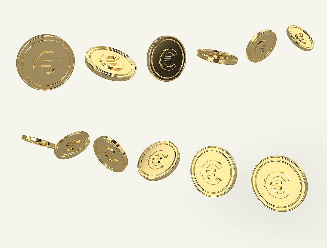 A series of gold coins featuring different arrangements and designs float in midair. Each coin displays a European symbol and their metallic sheen stands out against a plain white background. The coins were rendered in high quality 3D with attention to detail on textures to create realistic lighting effects.