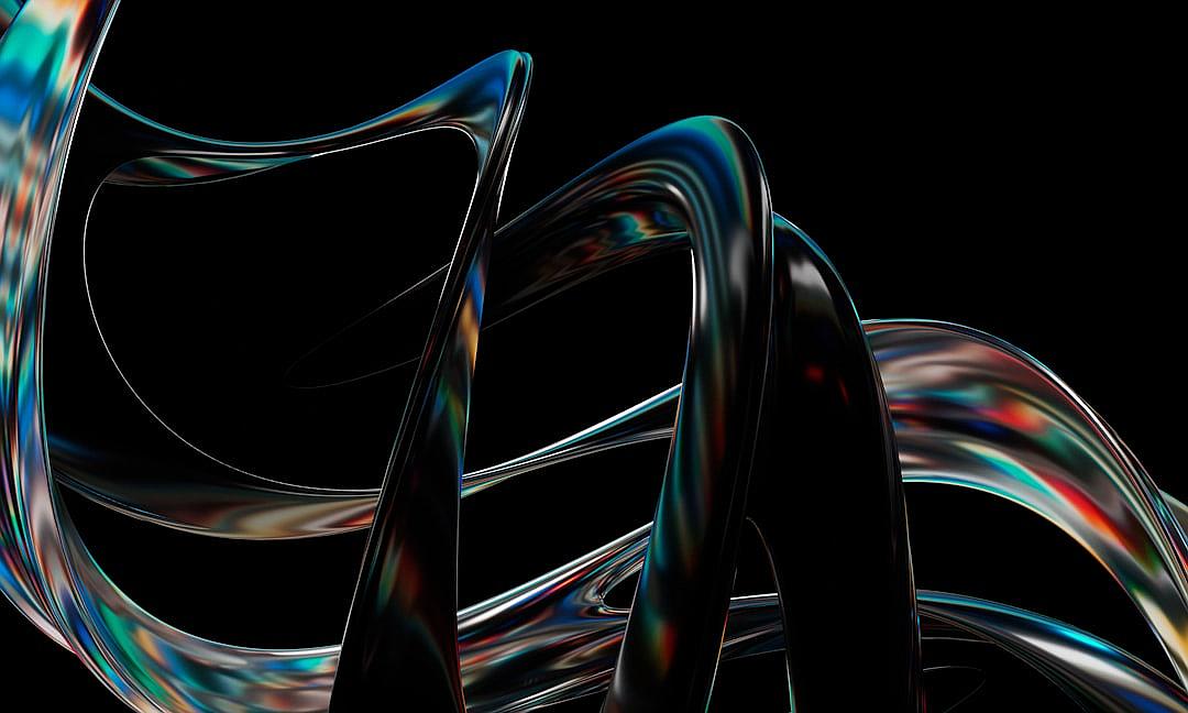 3d render, abstract background with glass shapes in dark colors on black. Shiny and glossy ribbon of holographic lines twisted into spiral forms. Iridescent texture. Abstract art design for banner poster cover card illustration clipart. Vector Illustration, highly detailed, sharp focus, hyper realistic, high resolution