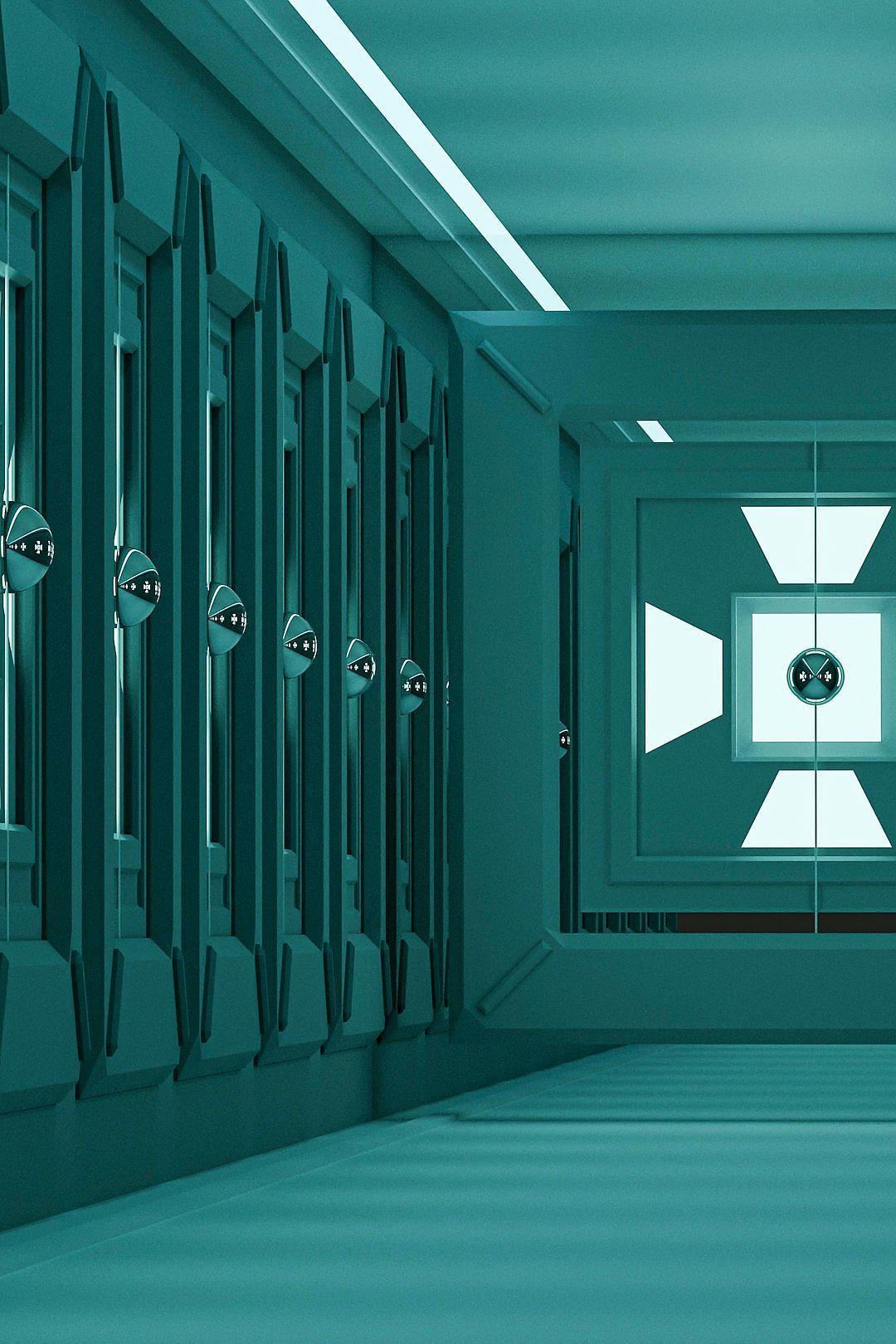 Teal color, futuristic, hyper realistic, hyper detailed, high resolution, interior design of an empty bank vault with lockers on the wall, long perspective, geometric shapes in the background, no windows, octane render, cinema4d, sharp focus, volumetric lighting, blue tint, white ceiling and floor.