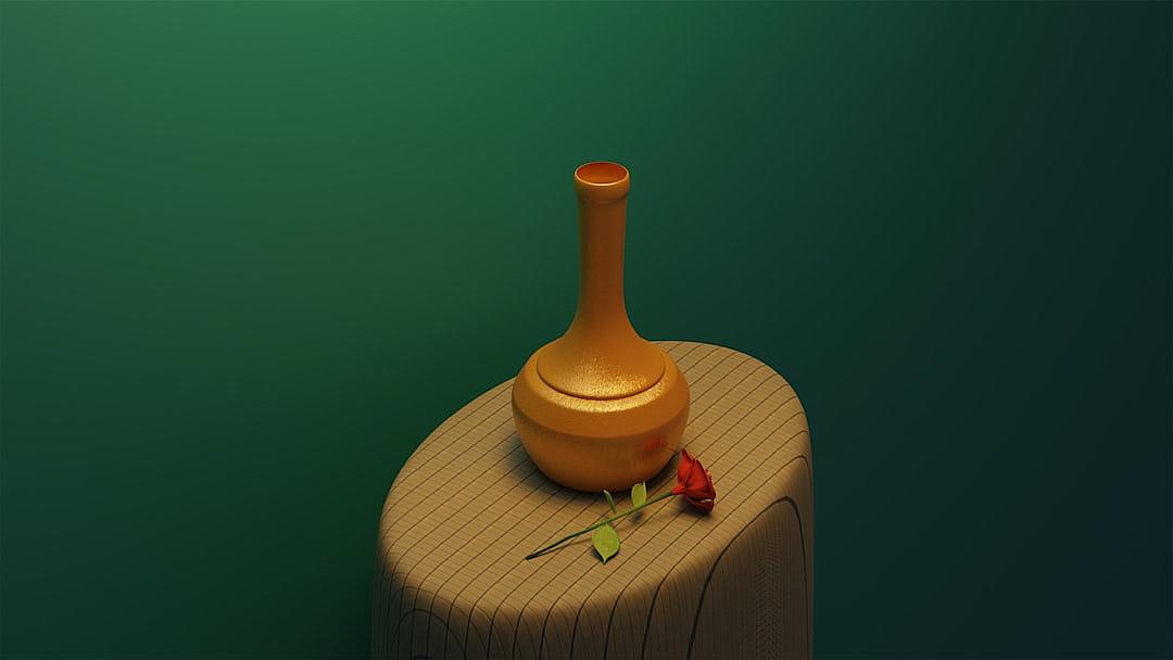 A clay vase on top of an isometric table, a rose next to it, green background, minimalism, simple 3D model, created in Blender.