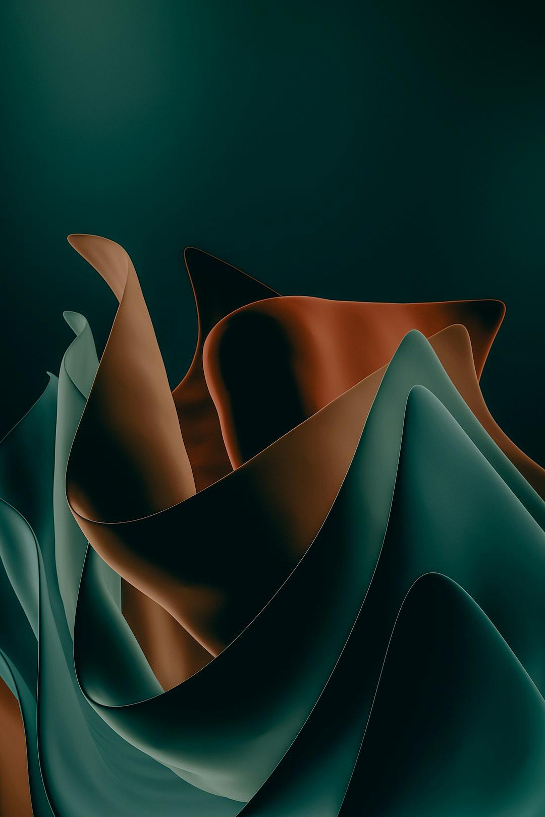 Dark green and brown abstract shapes, with a simple background, used dark blue and orange tones, a dark gray gradient, soft lighting, deep red and light cyan styles in the style of deep red and light cyan artists, with smooth lines. High resolution, high detail, and high quality. The entire scene appeared to be made of fabric material. It had flowing curves in the center of an abstract shape, and the colors blended into each other. The entire image appeared to be made up of two contrasting color schemes. A dark emerald green pattern filled it out.