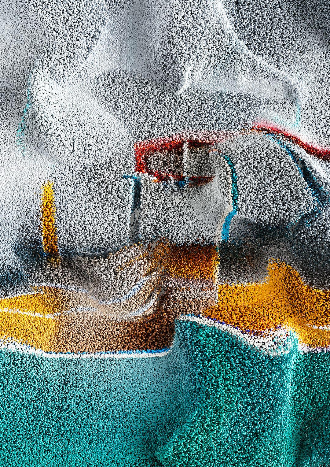 Close up of textured wool fabric with street art graffiti style print in the style of street artists, white background, teal and amber colour palette, close up detail shot, hyper realistic style, hyper detailed style, high definition photography