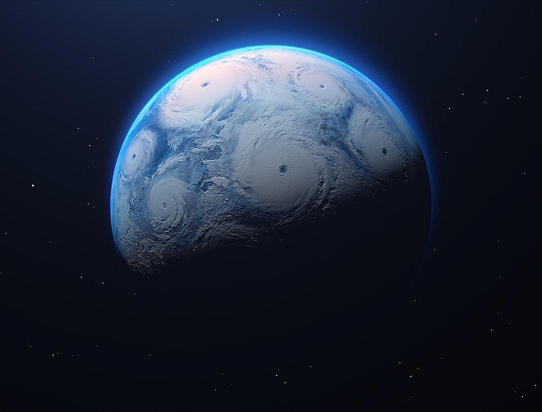 A blue planet in space, the Earth with a massive storm on it, rendered in the style of Pixar animation, atmospheric perspective, hyperrealistic sci-fi, dark background, concept art in the style of Pixar and Disney.