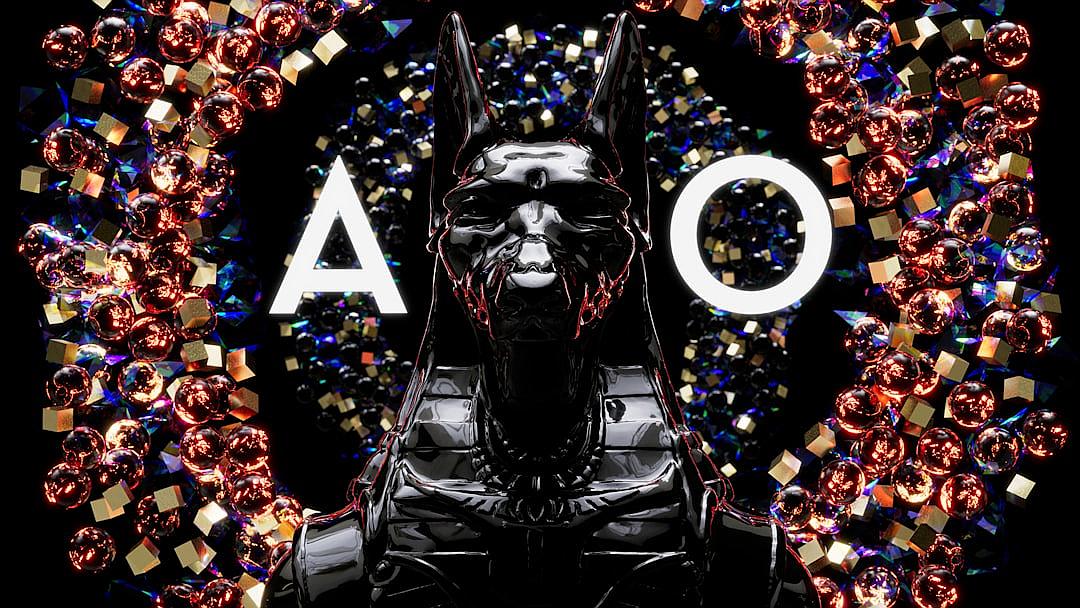 logo in a futuristic style, there is the text “ao”, Anubis surrounded by bubbles and confetti, black background with metallic accents, bold typography in the style of metallic colors.