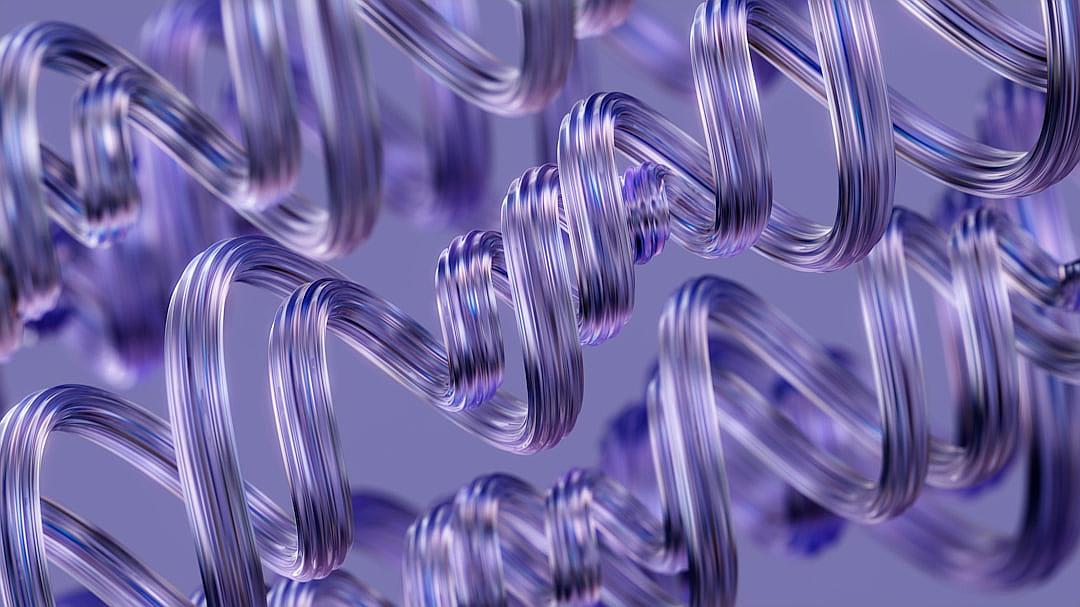 A closeup of metallic blue and purple metal wire coiled in an intricate pattern, set against a monochromatic background. The spiral shapes create depth with their interwoven curves and highlights that showcase the texture and glossy finish of each line. This is a detailed digital illustration in the style of precision craftsmanship using a macro lens to capture every detail of the wires.