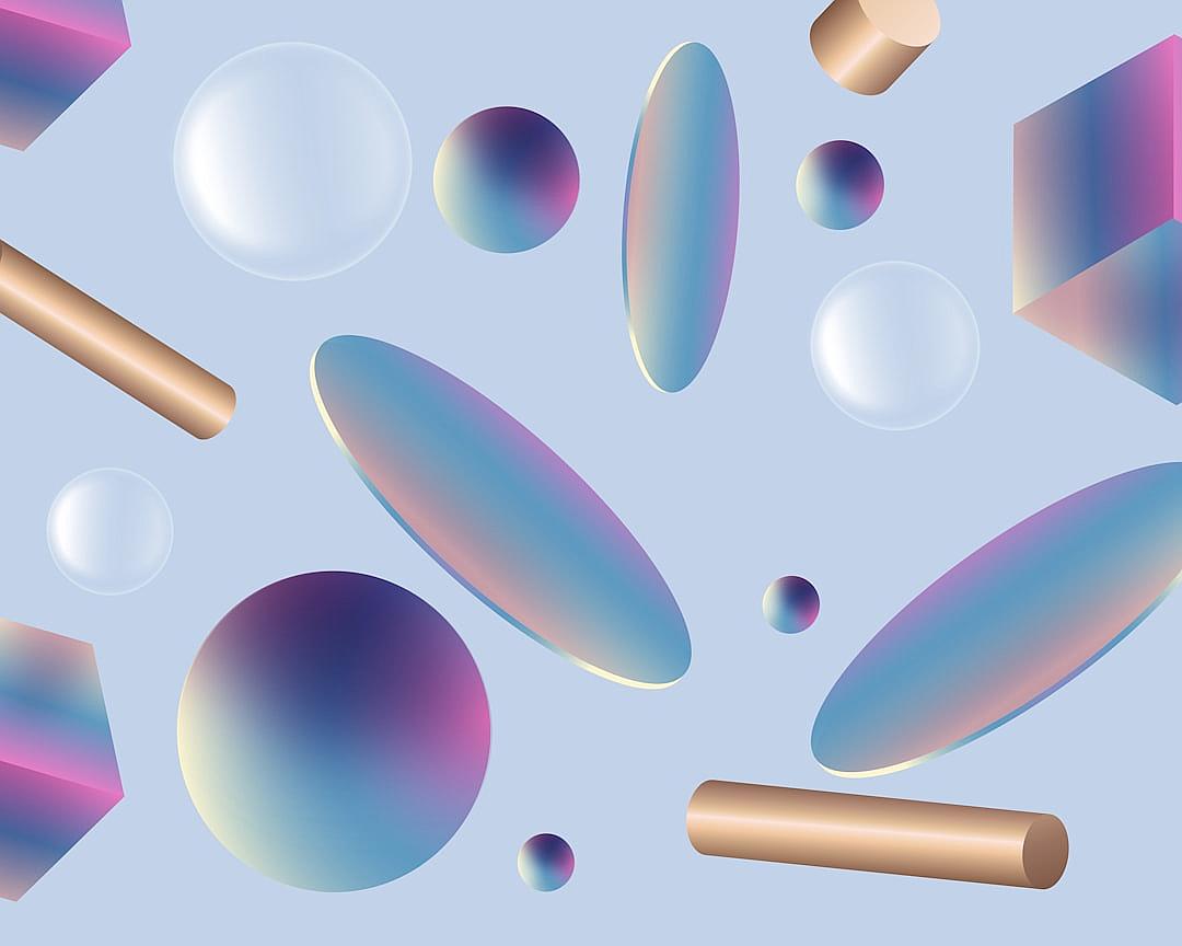 A vector graphic design featuring various shapes like spheres, cylinders and circles in a pastel blue gradient background with a holographic foil effect. The shapes should have soft edges and be arranged to create an abstract pattern that evokes the feel of futuristic technology or an art installation. There is no text on the illustration, only shapes.