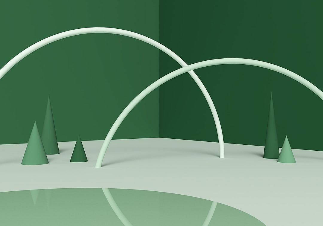 3d render of simple geometric shapes, green background, white arches and pine trees