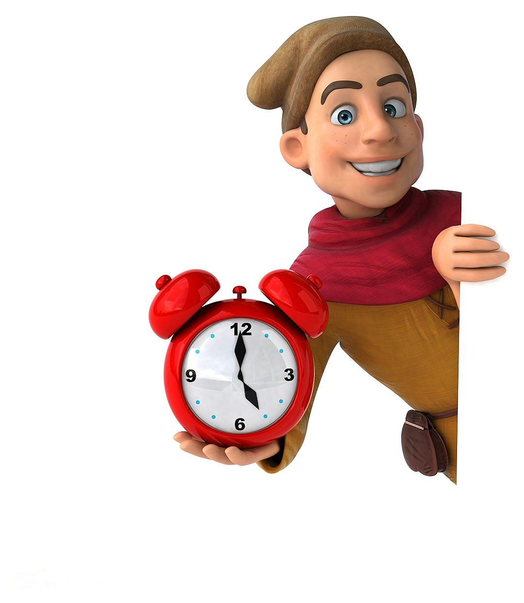 3D cartoon, Disney character, happy medieval man with a red clock in his hand, white background, in the style of Pixar.