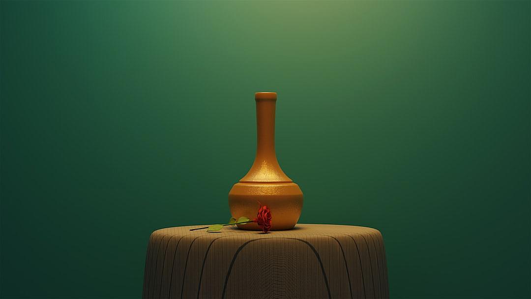 3D cartoon style, clay animation aesthetic, simple background, green screen, minimalist cartoon style, a vase on top of a round wooden table with a rose flower inside, side view, warm lighting, high resolution image, 20k pixels