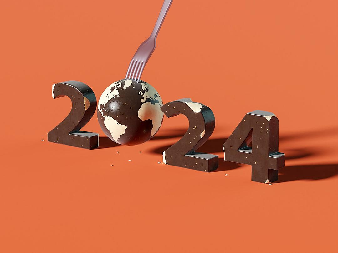 The numbers “2024” made of chocolate, with the planet Earth inside and an elegant fork stuck in it, on an orange background, in a 3d rendered asymmetrical composition, with an ultra realistic style, using studio lighting, octane rendering techniques, detailed textures, and post production color grading and cinematic lighting effects.