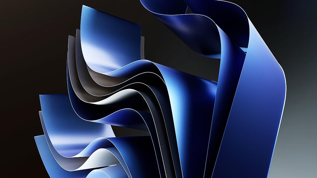 A closeup of blue paper sheets in the shape of an abstract sculpture, with waves and curves that create visual depth. The lighting is soft yet focused on creating a sense of dimensionality. In the background, there’s a dark gradient from black to navy blue, adding contrast and highlighting the intricate details of each sheet. This scene emphasizes modern design elements while showcasing the beauty and complexity of Paper texture