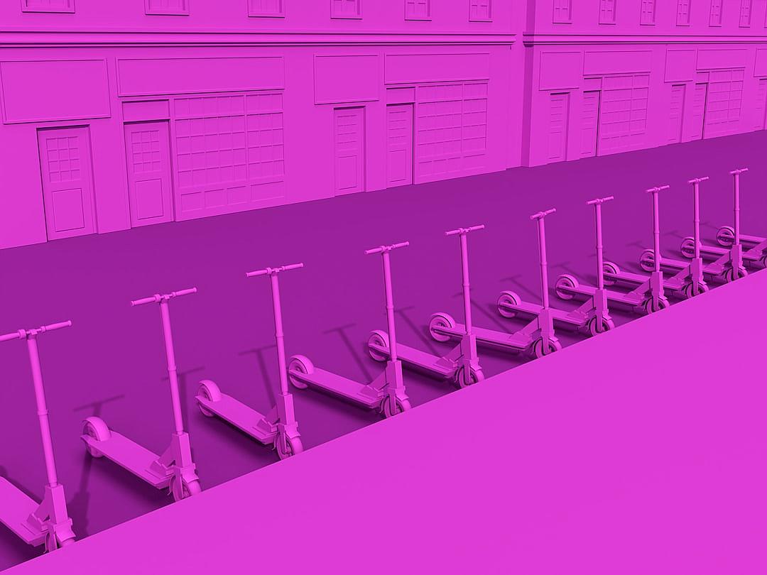 a pink 3d render of electric scooters lined up in front of an industrial building, flat lay, symmetrical, solid background, high resolution,