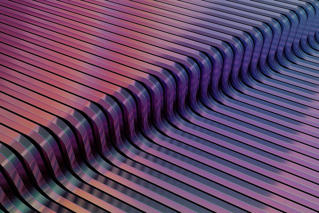 3D rendering, abstract background with wavy stripes in purple and blue colors in the style of an abstract expressionist painter.