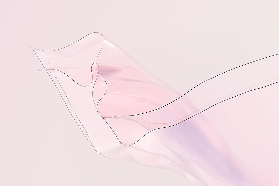 A pink pastel simple line art of a figure floating in the air, with a light background and minimalistic style. The fabric is depicted as flowing elegantly against a soft gradient that transitions from white to pale lavender. This artistic representation captures simplicity while showcasing fluidity and beauty through clean lines and subtle color contrasts, in the style of a minimalist artist.