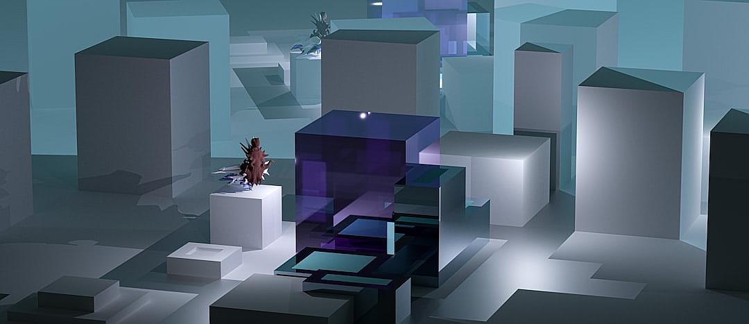 isometric view of an abstract geometric space with cubes and building blocks. There is one small figure on top of the large cube in front. There’s a dark blue purple glass box floating above it all, rendered in cinema4d. Minimalism, white lighting, in the style of minimalism.