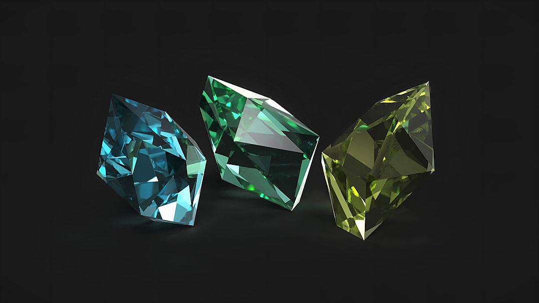 3D rendering of three differently colored emerald gemstones on a black background. In the middle is an aquamarine blue diamond with sharp edges, and two diamonds in greenish-blue and lime colors are located on its sides. The scene has soft lighting, creating gentle shadows that accentuate their glossy texture and reflections. A slight depth-of-field effect adds detail to each gemstone, making them appear realistic against a dark backdrop in the style of realistic gemstone renderings.