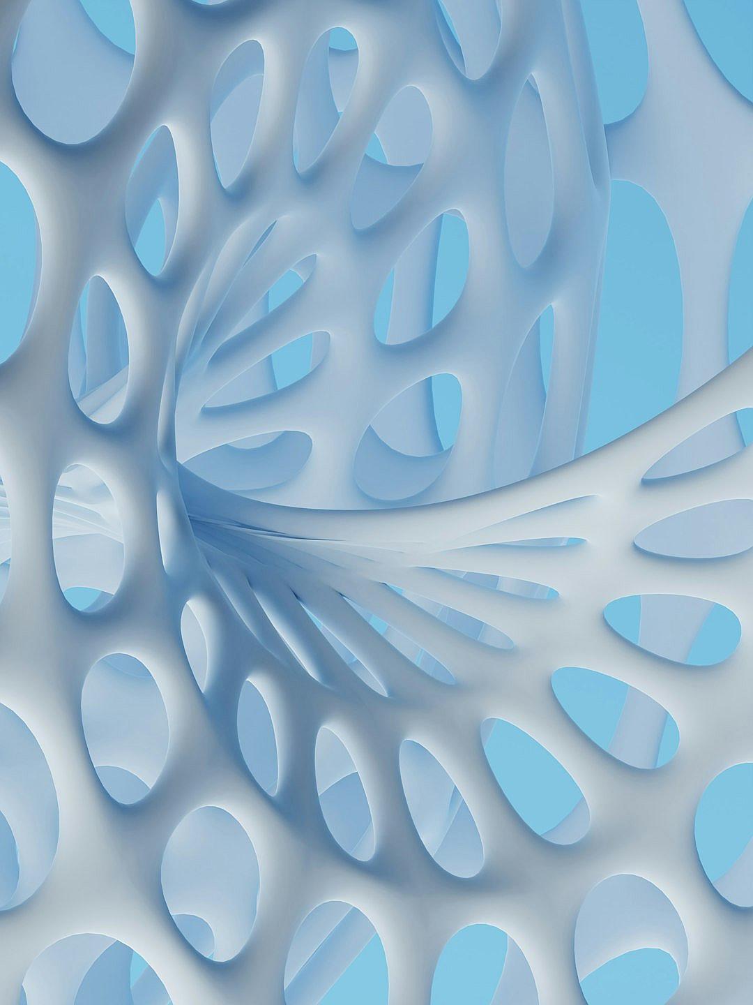 Abstract background, light blue and white color scheme, with many small circular shapes arranged in an S-shaped spiral pattern on the screen. The shape of each curve is different from that of traditional curves. It has a three-dimensional effect and creates visual illusion effects. There should be no other elements or objects on it except for these circles in the style of an abstract artist.