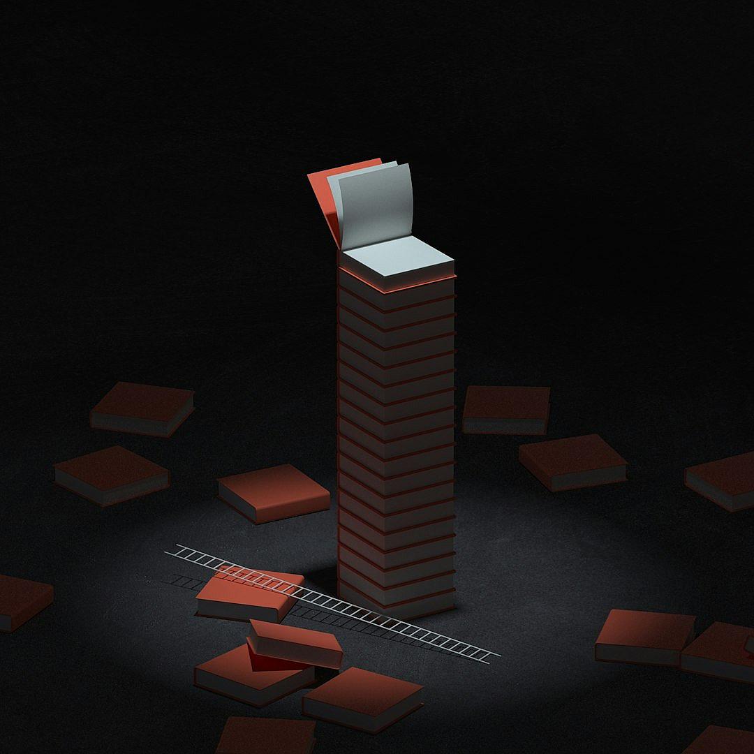 An isometric view of an open book leaning against the edge of a tall stack made from red and white squares, placed in a dark room with some scattered small cubes. The book is positioned at eye level, with its cover facing towards the camera. It is placed between two vertical lines that stretch across the frame. There should be no shadows or lighting on the ground. In the style of a simple illustration.