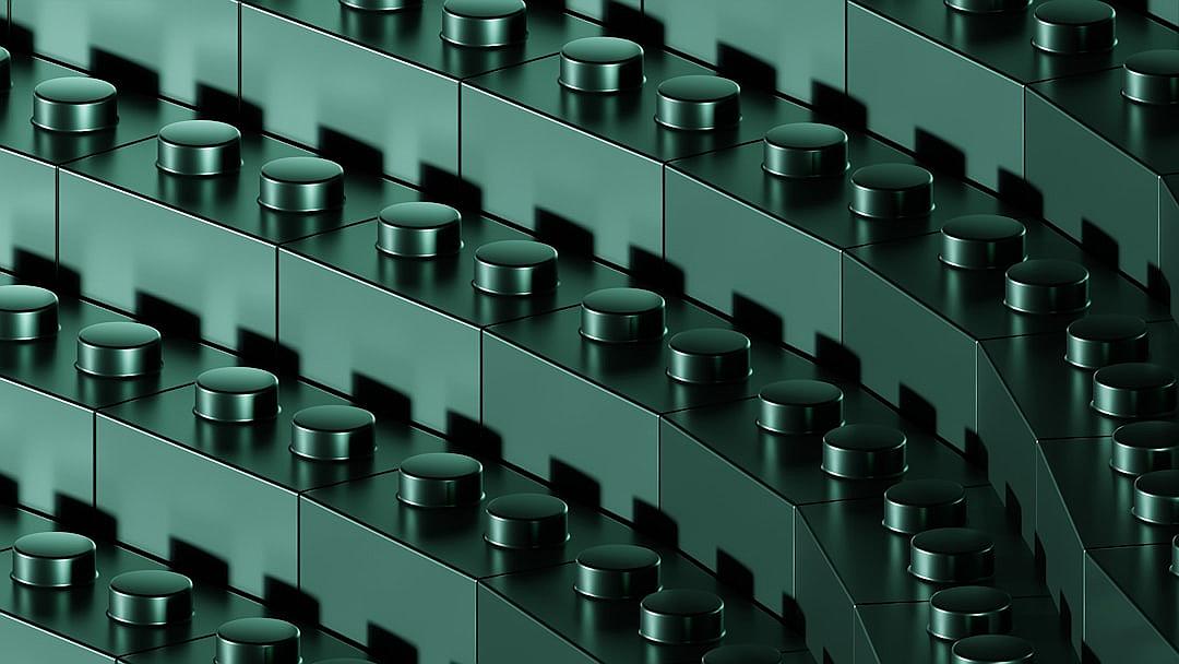 A dark green background with numerous large, round, matte metal building blocks arranged in an isometric perspective, creating the illusion of depth and distance between each block. The design features sharp edges on all sides for contrast against the solid color surface. This concept evokes futuristic architectural elements, adding to its overall cyberpunk aesthetic.