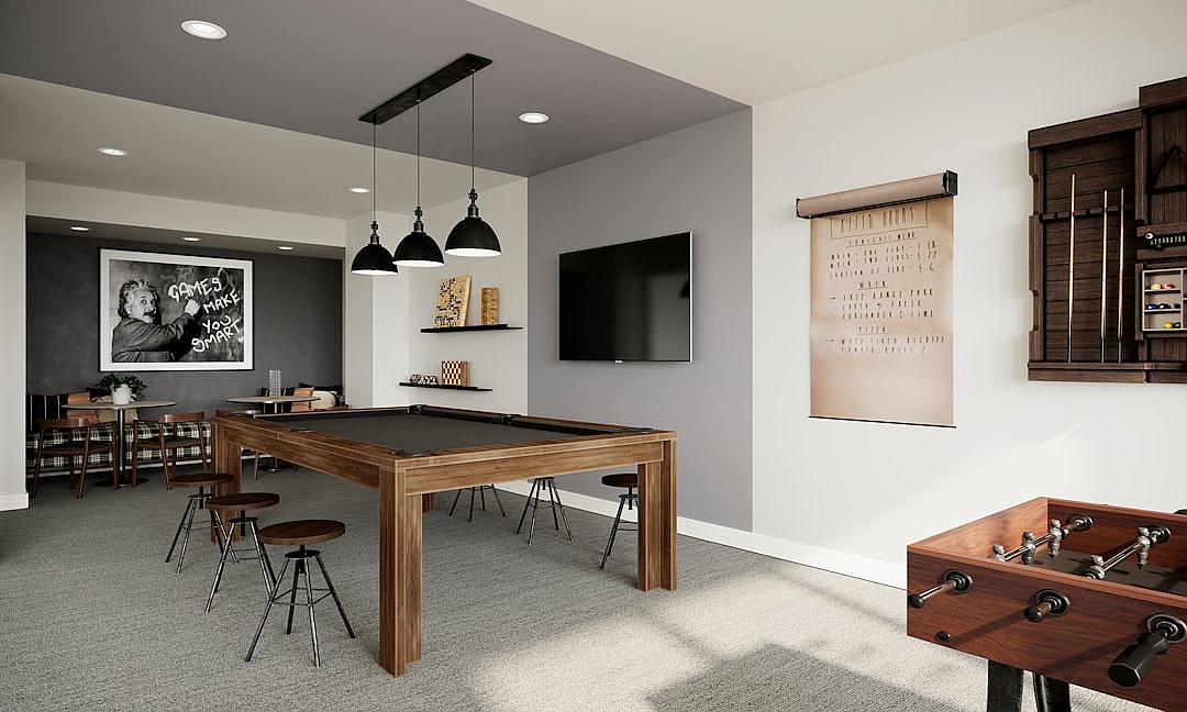 Design an interior rendering of the game room, featuring grey walls and white ceiling with black pendant lights above. The wall is adorned with framed artwork on one side, while another feature includes wooden cabinets for storage. A pool table takes center stage in front of two barstools around it. On one end stands a foosball table, all set against gray carpet flooring. Capture the essence of urban style through architectural photography in the style of urban photography.