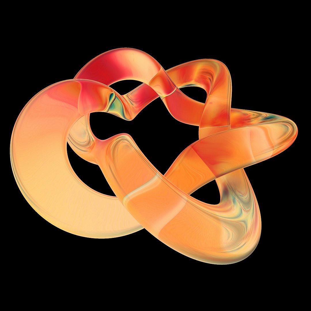 A ribbonlike shape with two interlocked curves, rendered in an orange gradient that transitions from light to dark, set against a black background. The edges of the figure glow slightly, adding depth and dimensionality. This is a digital rendering, showcasing intricate details on both sides of each curve. It’s a symbol for infinity or balance, evoking feelings like passion and mystery.