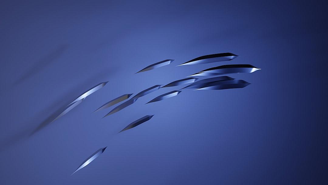 Blue background, five long and thin metallic blades flying upward in an S shape, minimalistic style, dark blue gradient, simple design, high resolution, no shadows, very detailed, high definition, sharp focus, illustration, 3D rendering, high quality, high detail, high resolution, very realistic, sharp focus, hyperrealism, professional photography, cinematic shot, HDR, high contrast,