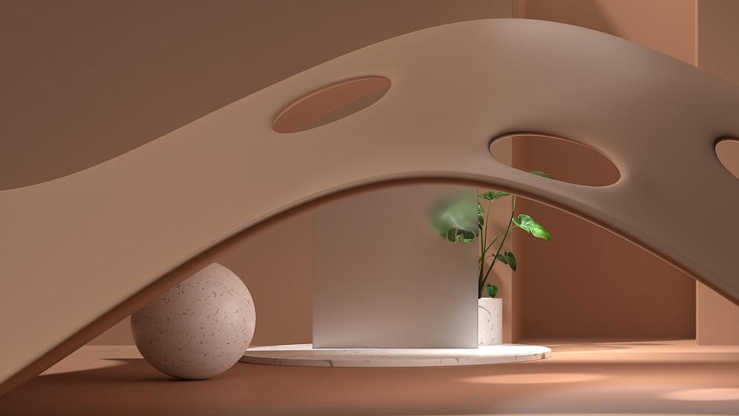 A minimalist stage design style scene with geometric shapes, rounded curves and soft edges in the background of light brown walls, featuring an abstract sculpture on display and plants in vases, rendered using Cinema4D software, with a central composition featuring an egg-shaped object placed next to it. The scene includes a beige floor and a white circular surface at its base.