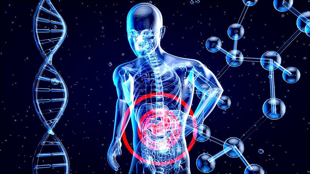 3d rendering of human body with double helix and DNA, red circle around the stomach area indicating pain in that part of his anatomy, dark blue background with white glowing effects on figure, and elements floating like carbon saturation and high Venom levels. It’s set against an abstract black space background. The entire scene is isolated from any other objects or graphics. There should be no text.