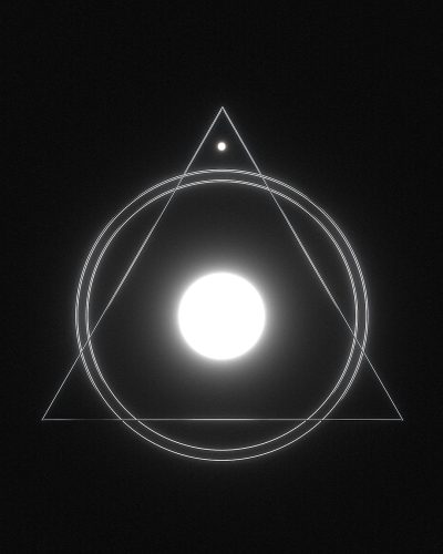 A minimal and creepy design with an eerie white circle in the middle, a simple triangle on top of it, and another smaller triangle inside that one. All shapes have thin lines to give depth. The background is black, creating a stark contrast with light coming from above. This visual representation conveys mystery or magic.