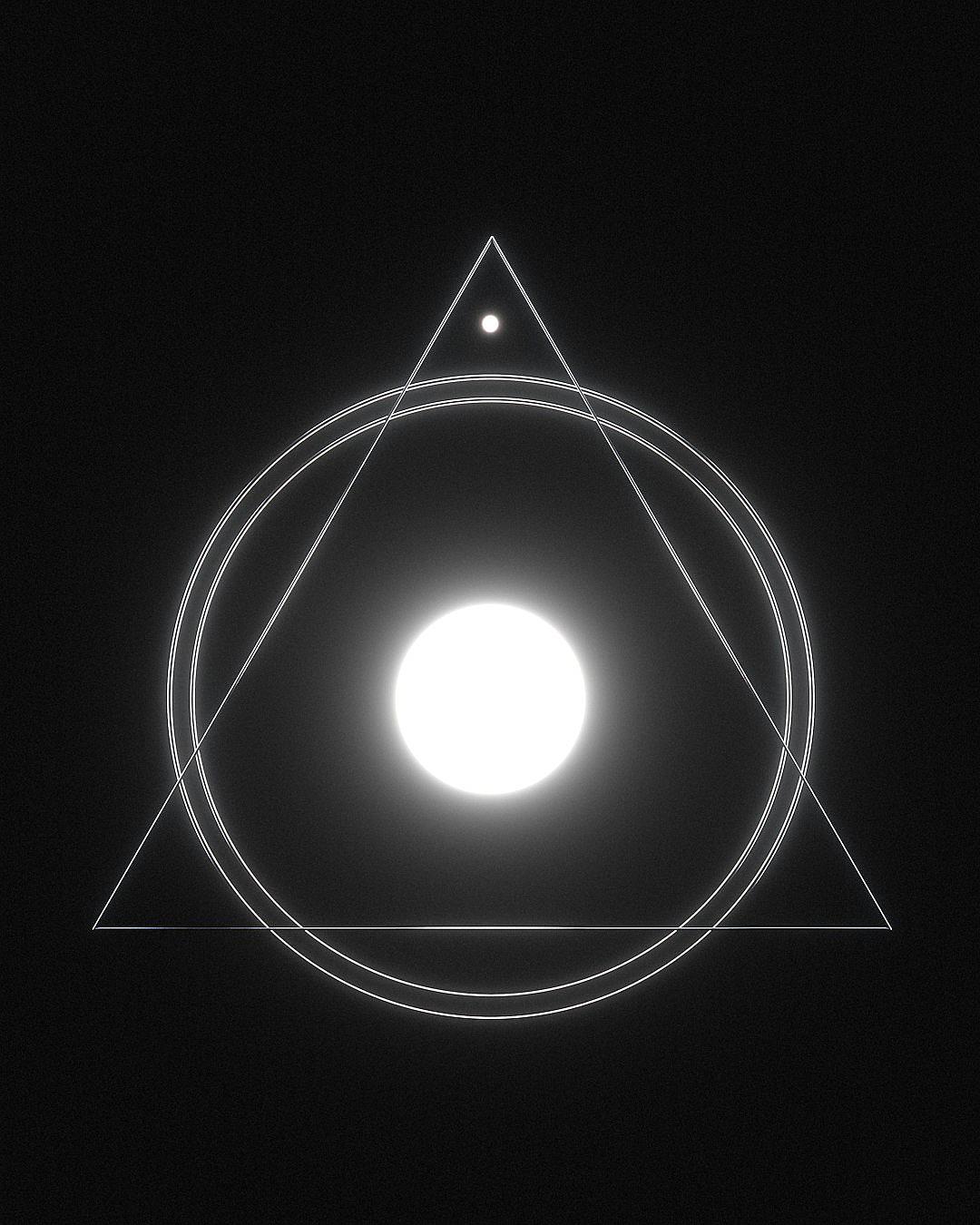 A minimal and creepy design with an eerie white circle in the middle, a simple triangle on top of it, and another smaller triangle inside that one. All shapes have thin lines to give depth. The background is black, creating a stark contrast with light coming from above. This visual representation conveys mystery or magic.