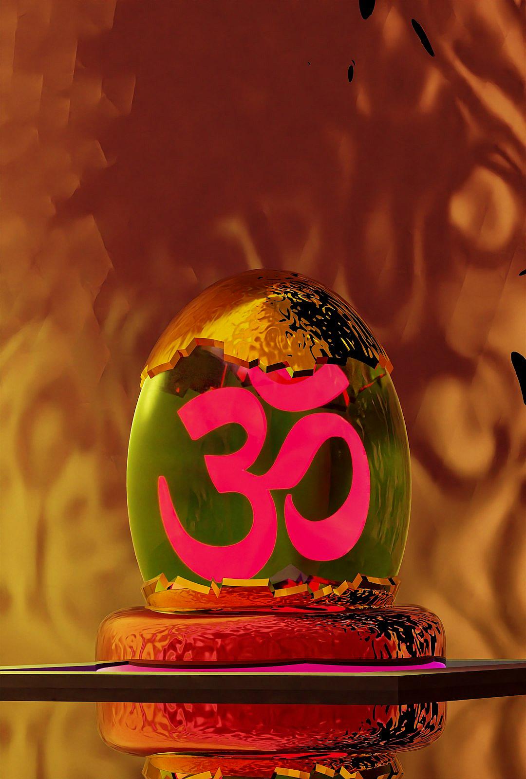 The om symbol in pink on top of an amber glass sphere, floating above the ground, with a gold and red fire background, in the style of Pixar.