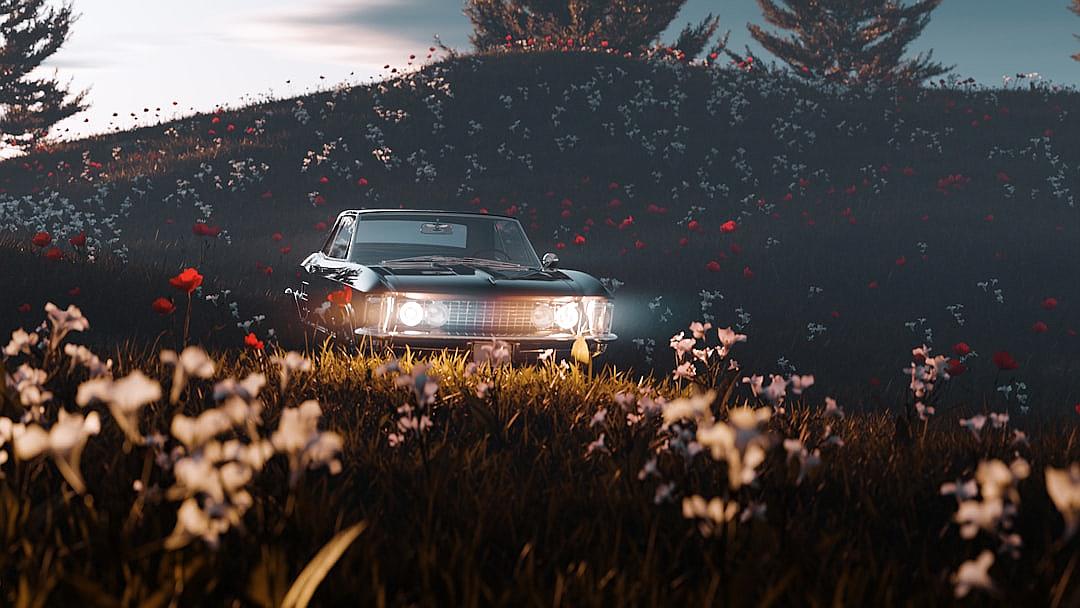 A vintage car is parked on the grass, surrounded by flowers and trees. The lights of its headlights glow softly in front of it. In the background, there’s an endless hill covered with dark green plants and white wildflowers. It creates a mysterious atmosphere, as if inviting you to explore its secrets. The scene has an unreal engine cinematic lighting style.