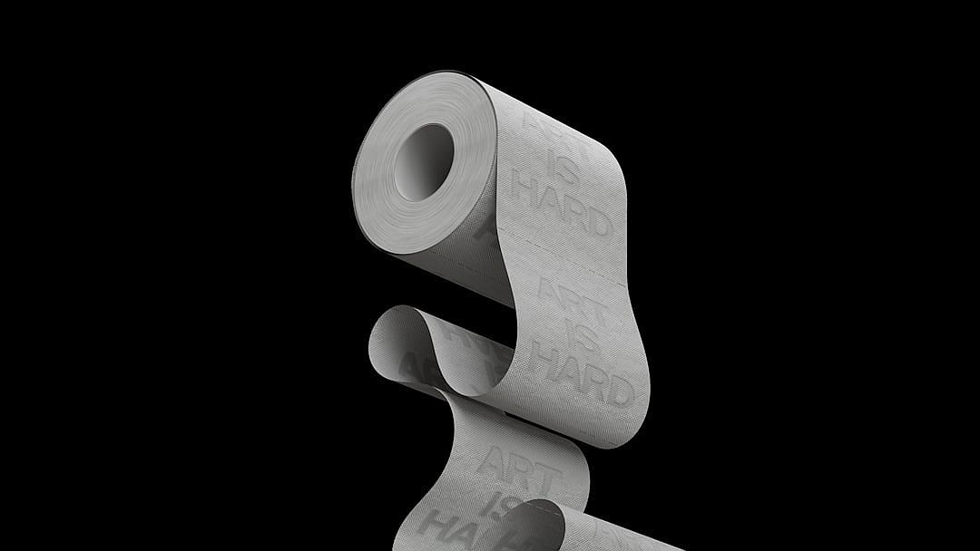 A detailed and realistic photograph of the text “ART🐱files” and “HARD” on a toilet paper roll, minimalistic and monochromatic with a dark background and no shadows, in the style of hyperrealism at a high resolution with cinematic photography and volumetric lighting, rendered with octane and vray.