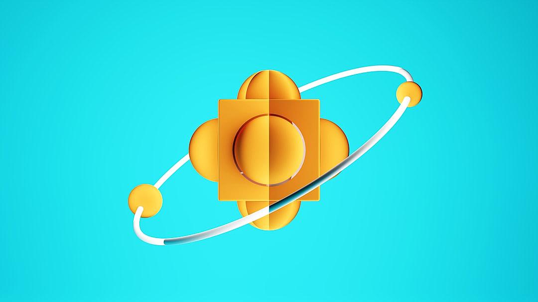 A simple icon of an atom with two protons and three electron rings, in the style of vector style, yellow color on turquoise background, white wireframe in the shape of planet earth, simple shapes, modern design, rendered in octane, 3D rendering, high resolution, high detail, high quality, high sharpness, high contrast, high clarity, high vibrance, high saturation, highly realistic, highly detailed, highly colored, highly elegant, highly clean.